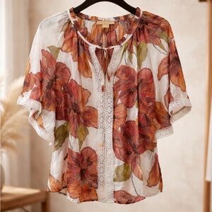 Floral Lace-Trim Blouse in Rust and Olive